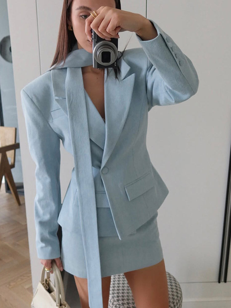 Women Tailored Blazer Mini Skirt Set with Tied Scarf, One-Button Jacket and Figure-Hugging Silhouette Amarae