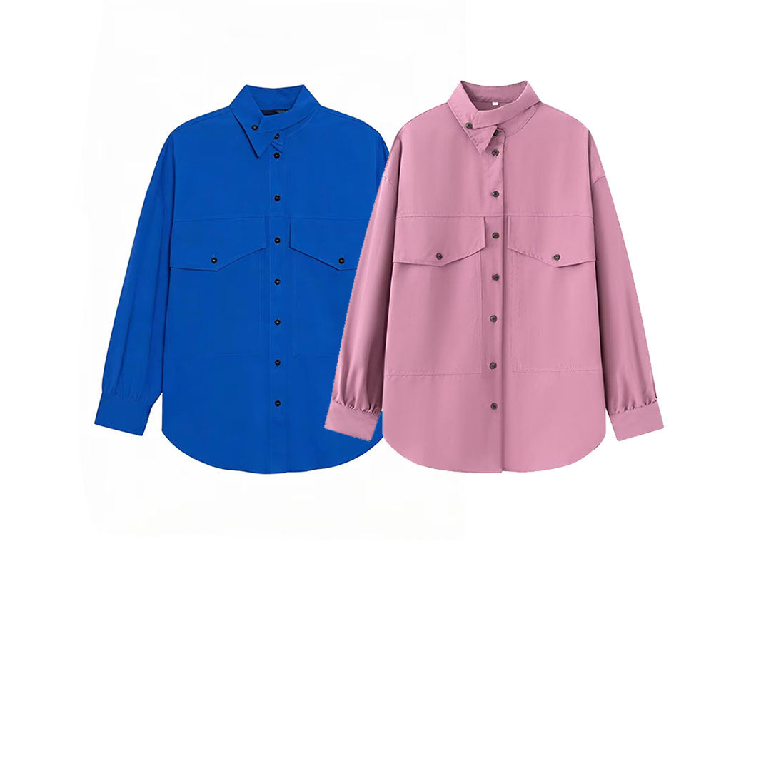 Women's Oversized Utility Shirt Blouse with Drop Shoulder, Flap Pockets and Stand Collar Amarae