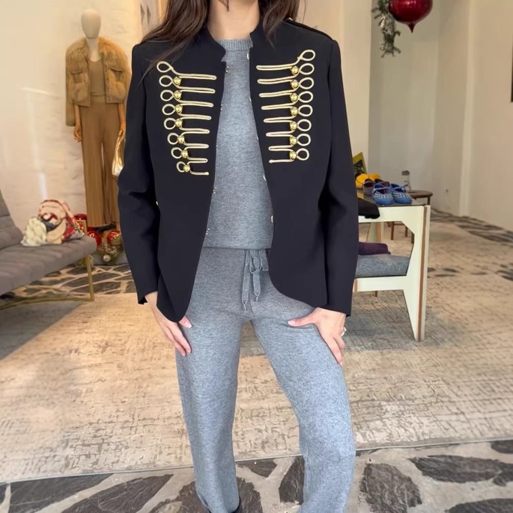 Ladies military-inspired fitted blazer with gold-embroidered cord applications Amarae