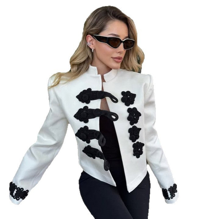 Women’s short blazer in military style with stand-up collar, decorative cord closures and contrasting application Amarae