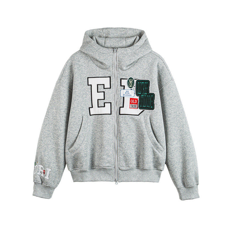 Unisex Oversize Hoodie Zip Jacket with Collegiate Patches Amarae