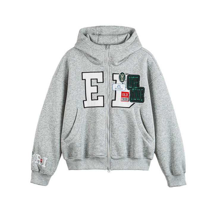 Unisex Oversize Hoodie Zip Jacket with Collegiate Patches Amarae