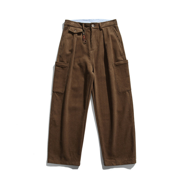 Men's Wide Corduroy Cargo Pants with Pleats, Applied Side Pockets and Relaxed Fit Amarae