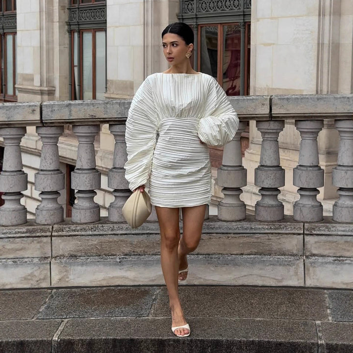 Women's gathered pleated mini dress with balloon sleeves and tailored silhouette Amarae