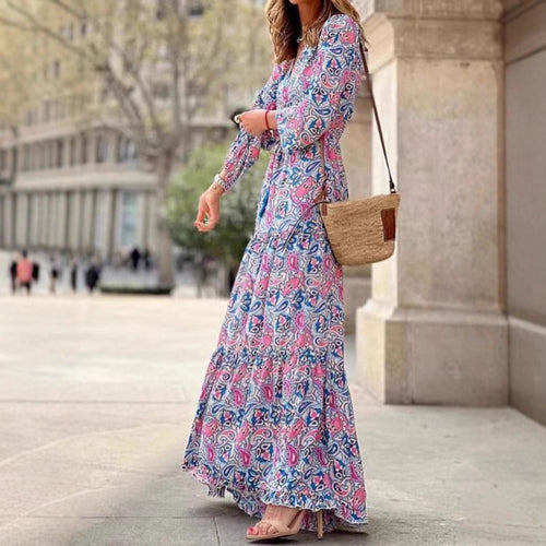 Robe Maxi Femme avec Motif Floral Traditionnel et Décolleté en V Chic & Stil