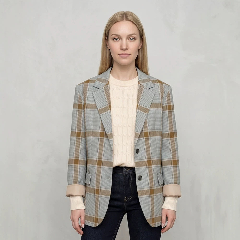 Women Oversize Check Blazer in Glencheck with boxy silhouette and falling lapels Amarae