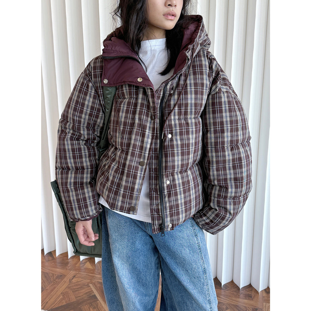 Women Short Checkered Quilted Jacket with Hoodie Amarae