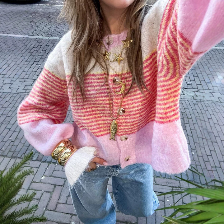 Women's Short Knit Cardigan made of Mohair Blend with Stripes, Button Placket and Balloon Sleeves Amarae