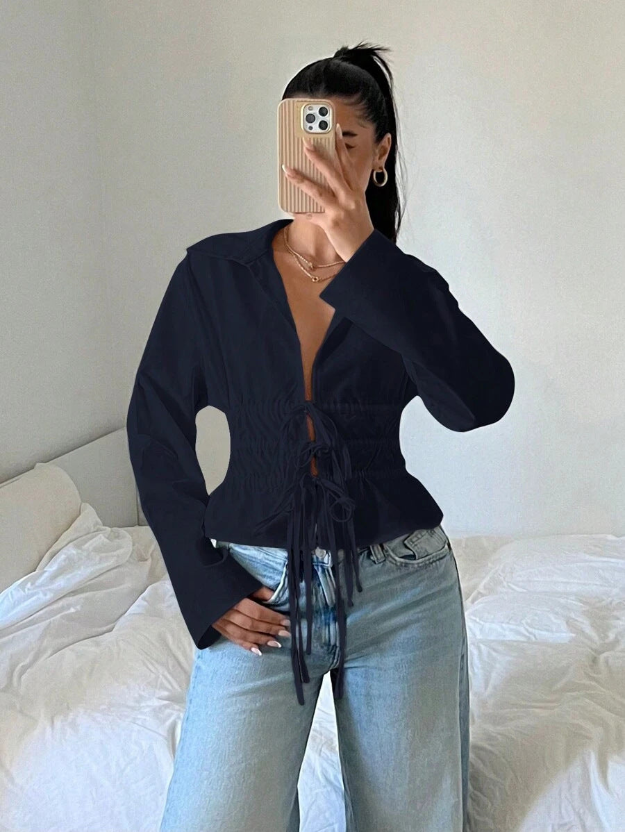 Lune London zip-up blouse for women with gathers and long sleeves