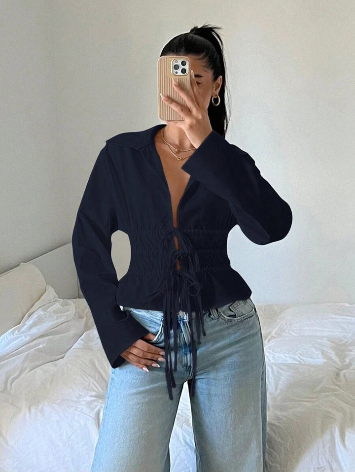 Lune London zip-up blouse for women with gathers and long sleeves