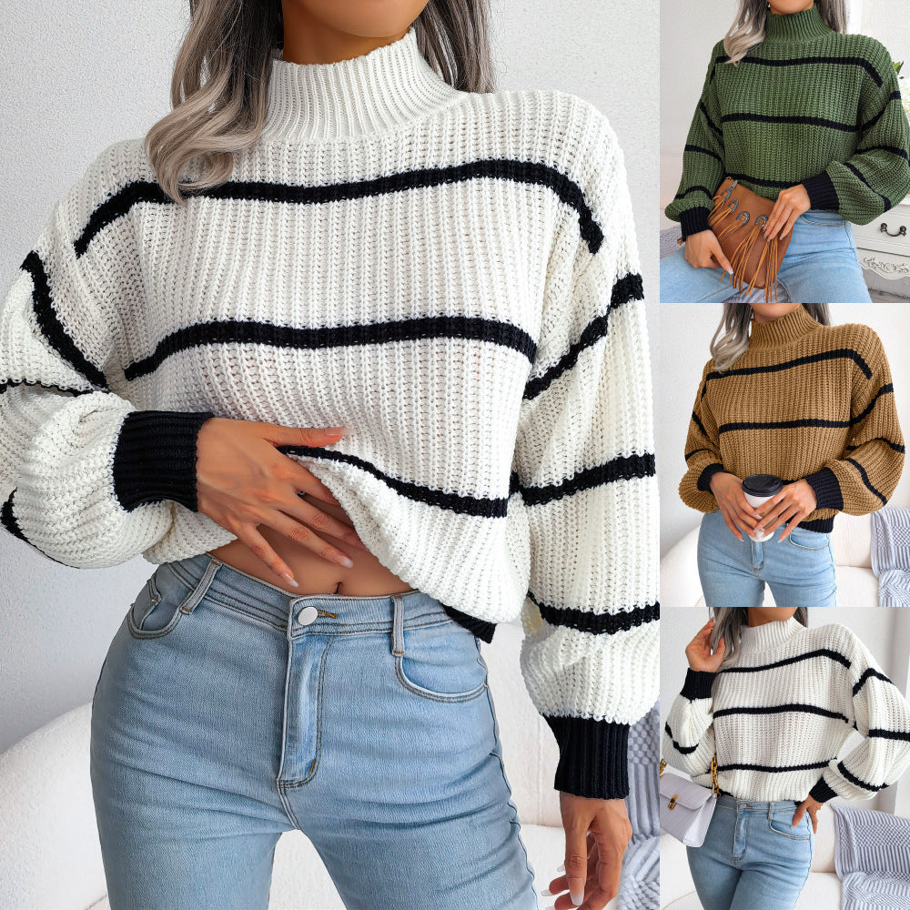 Comfortable knitted sweater for women with turtleneck and trendy striped pattern Lune London