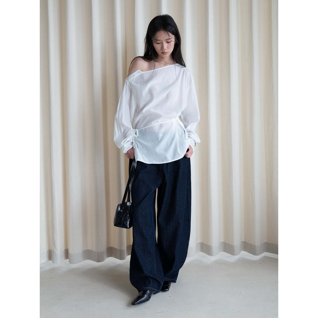 Women Asymmetric One-Shoulder Wrap Blouse made of Satin Amarae