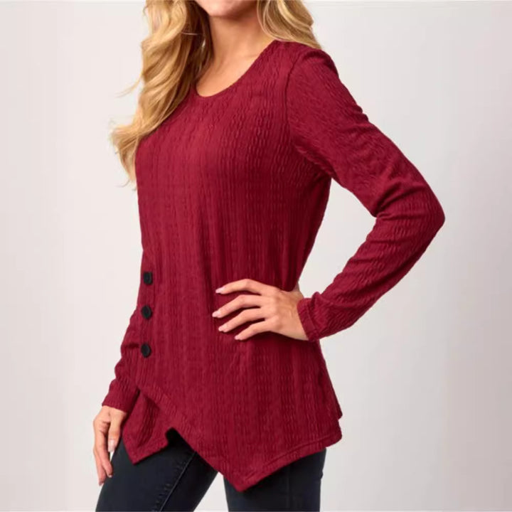 Asymmetrical long sleeve t-shirt for women with button details and textured design Lune London