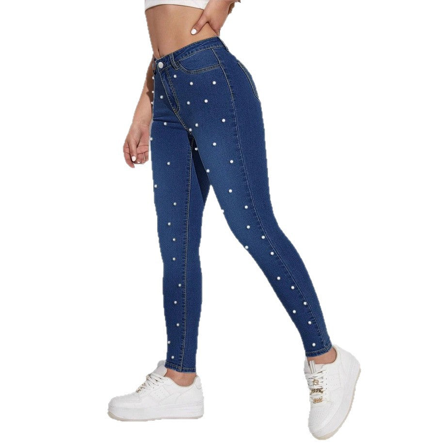 Ladies high-waisted skinny jeans with pearl embellishment Amarae