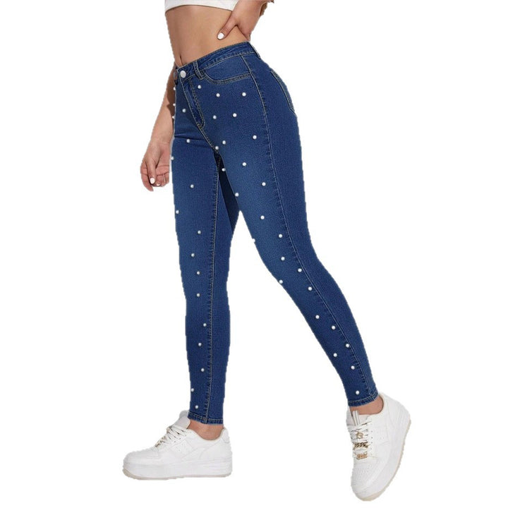 Ladies high-waisted skinny jeans with pearl embellishment Amarae