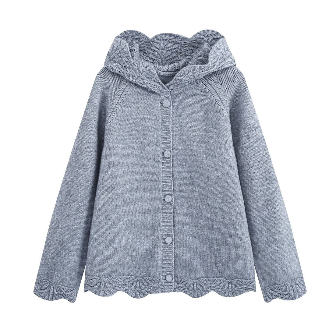 Women's fine knit cardigan with hood, button placket and crocheted trim Amarae