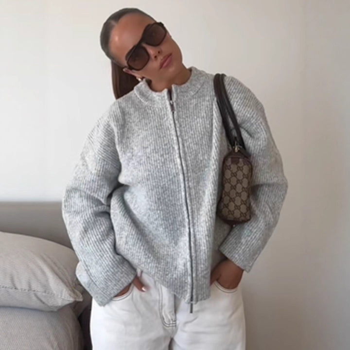 Women's Chunky Knit Zipper Cardigan with Oversized Cut Amarae