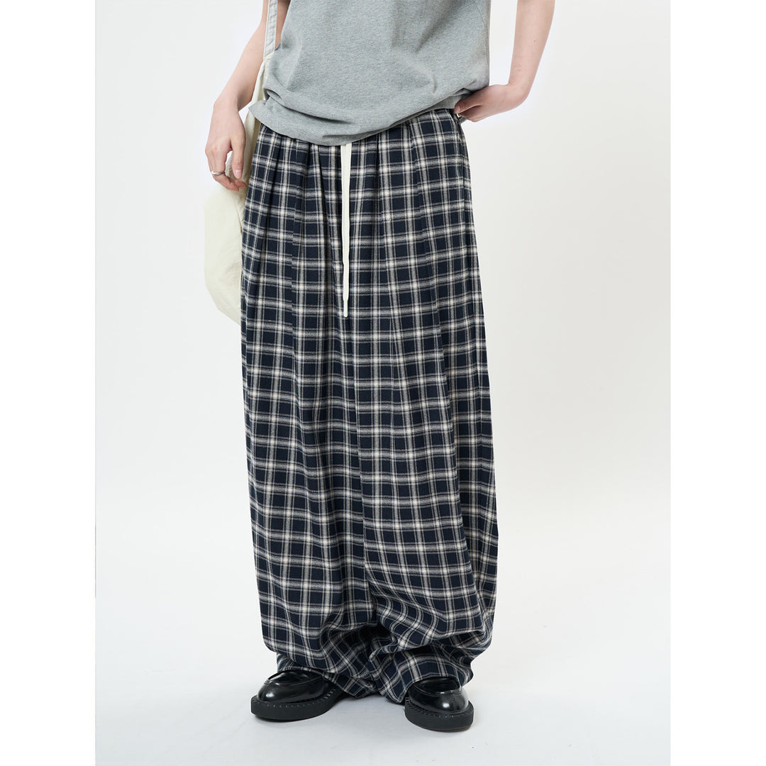 Ladies Wide Checkered High-Waist Baggy Pants with Drawstring Amarae