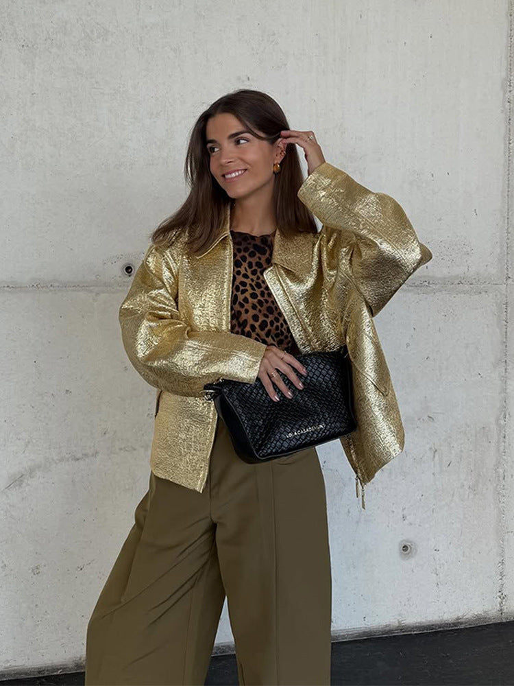Women Short Textured Metallic Bomber Jacket with Boxy Silhouette Amarae
