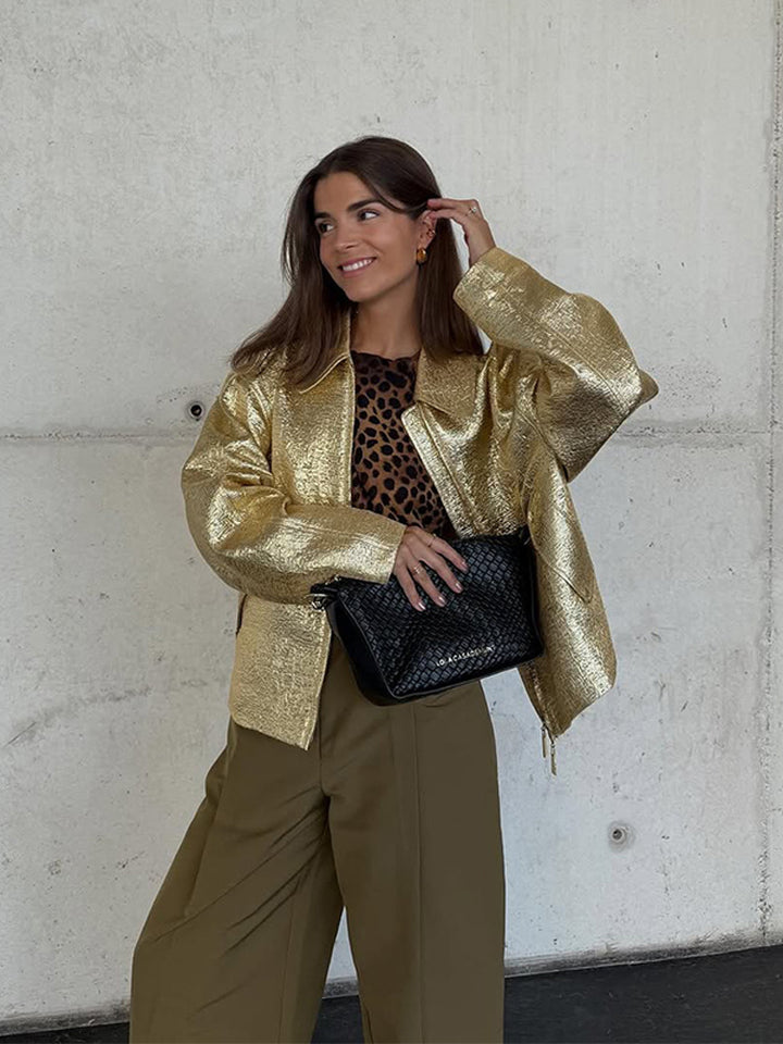 Women Short Textured Metallic Bomber Jacket with Boxy Silhouette Amarae
