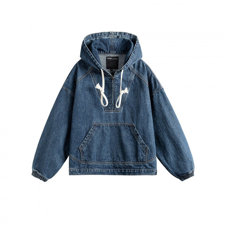 Unisex Oversize Denim Hoodie with Kangaroo Pocket and Half Zipper Amarae