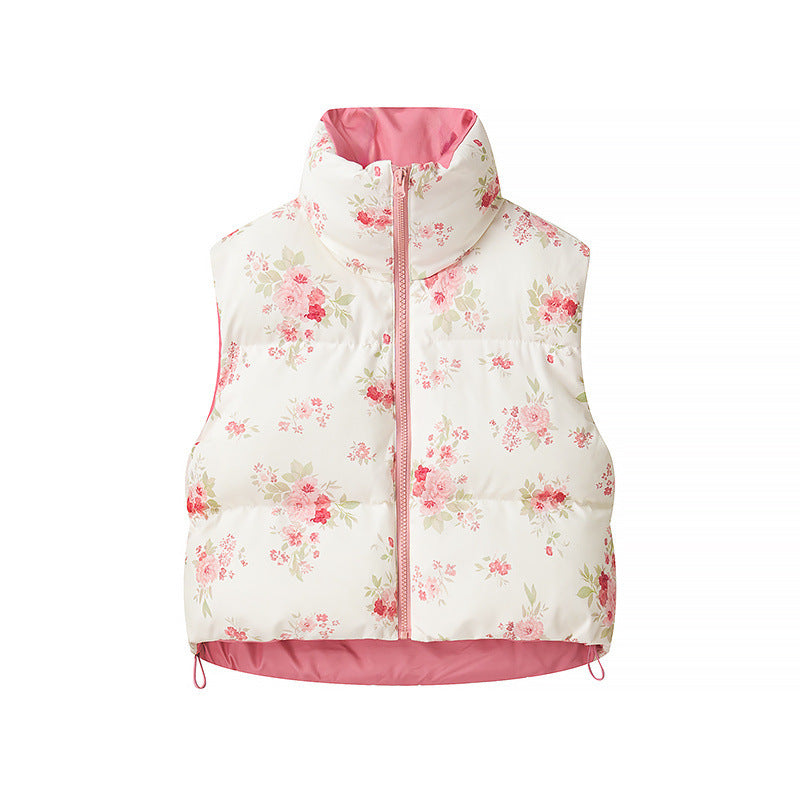 Women short cut quilted vest made of down imitation with stand-up collar, floral print and drawstring Amarae