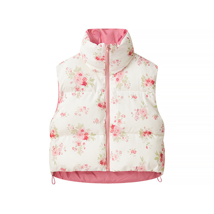 Women short cut quilted vest made of down imitation with stand-up collar, floral print and drawstring Amarae