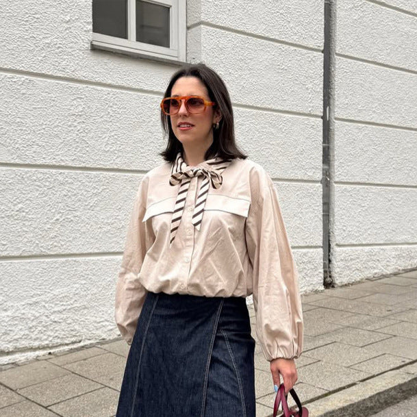 Women's blouse with bow collar, dropped shoulder design and voluminous balloon sleeves Amarae