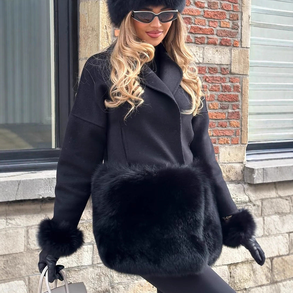 Women's short coat made of wool blend with decorative fur pockets and casual boxy silhouette Amarae