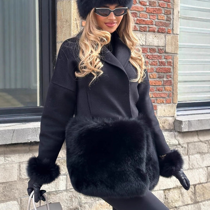 Women's short coat made of wool blend with decorative fur pockets and casual boxy silhouette Amarae