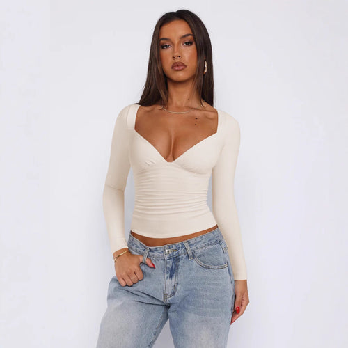 Women Fitted Long-Sleeve Top with V-Neckline and Gathers Amarae
