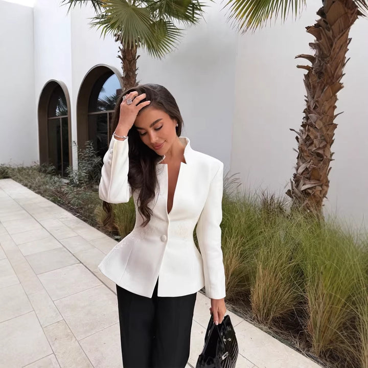 Women's Tailored Blazer with Distinctive V-Neck and Stand Collar Detail Amarae