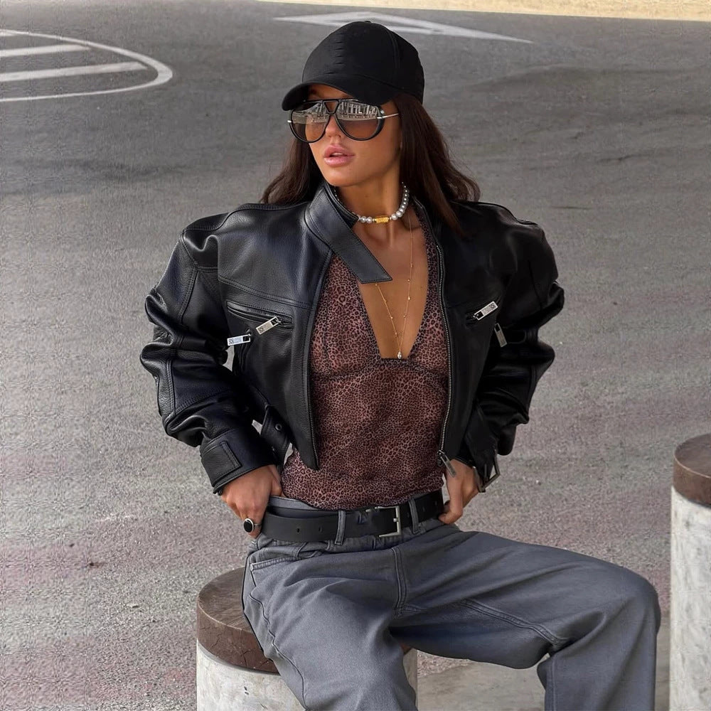 Women Cropped Boxy Biker Jacket made of vegan leather with high standing collar, zippered pockets & buckle detail Amarae