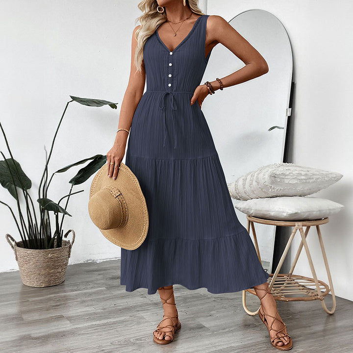 Women Adjustable Tied Belt Chic Layered Maxi Dress