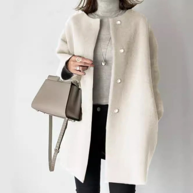 Ladies Elegant Oversized Wool Coat with Double Button Closure and Side Pockets Amarae