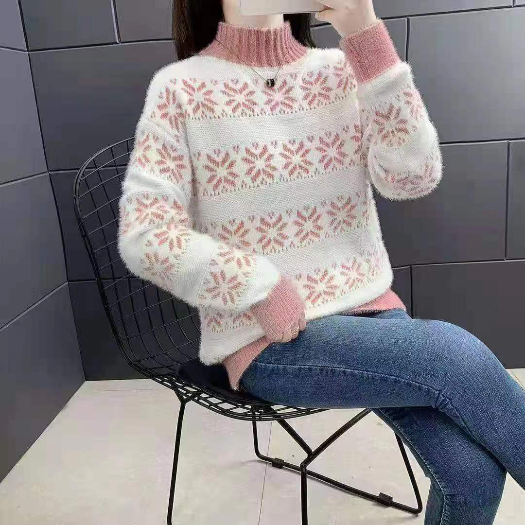 Knit sweater for women with a modern snowflake pattern and high collar Lune London