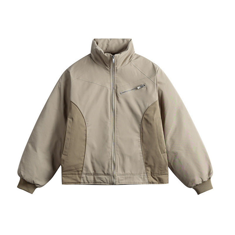 Unisex Boxy transitional jacket with high stand collar, contrasting panels and zip pockets Amarae