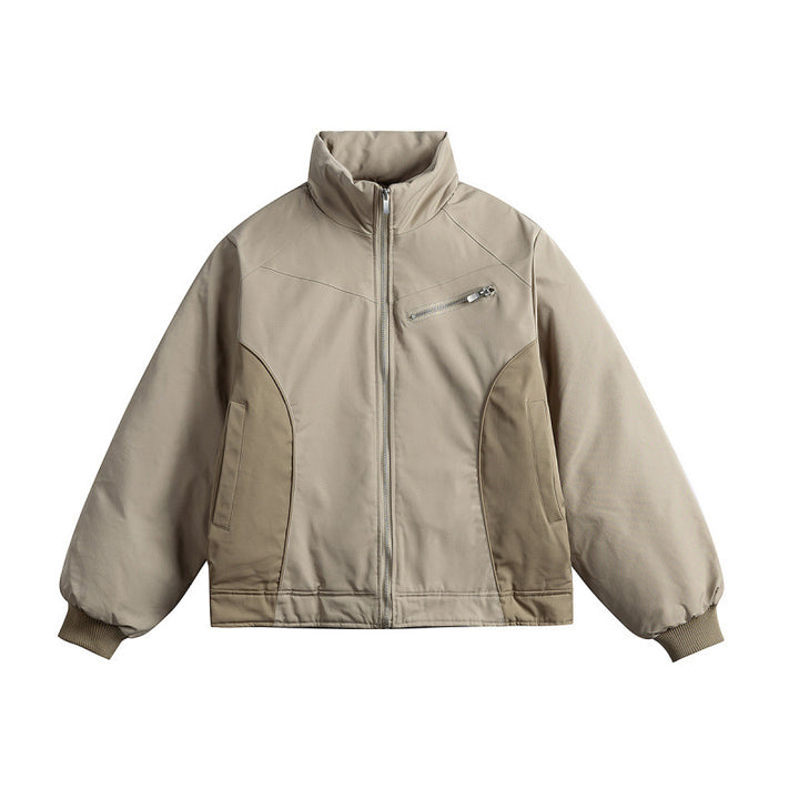 Unisex Boxy transitional jacket with high stand collar, contrasting panels and zip pockets Amarae