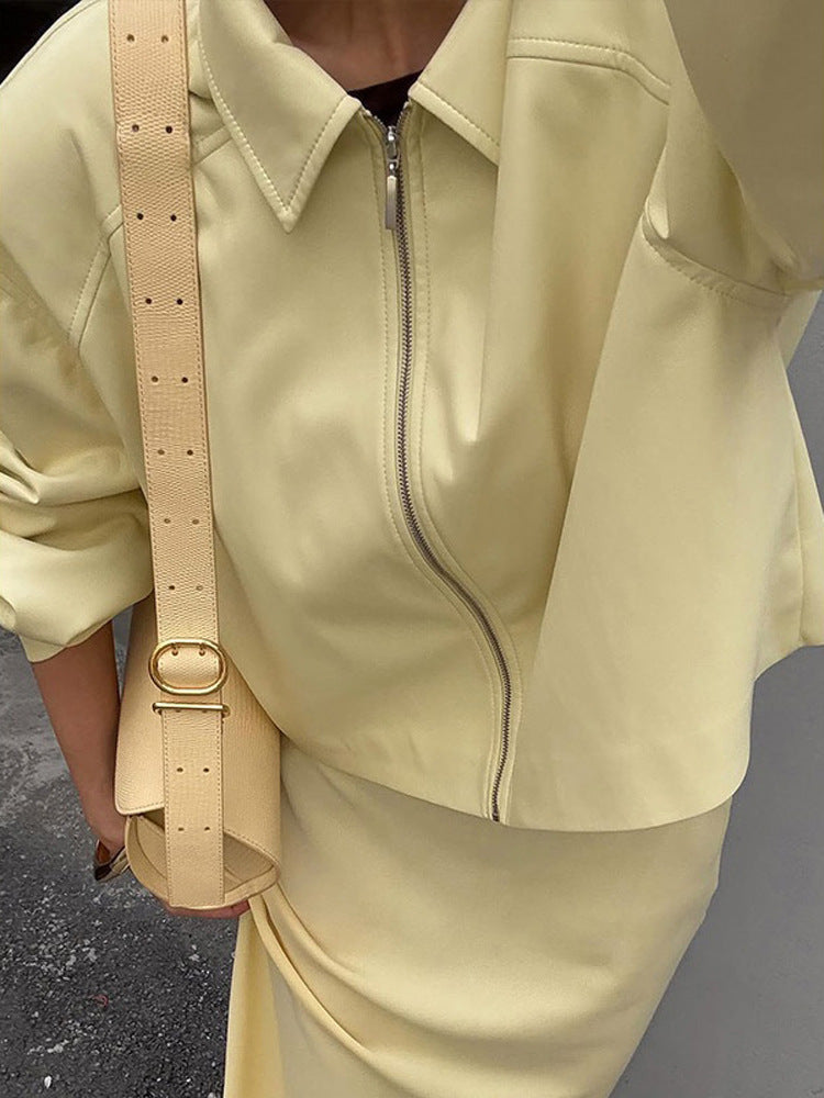 Women's Tailored Zip Blouson Set with Shirt Collar and Midi Skirt Amarae