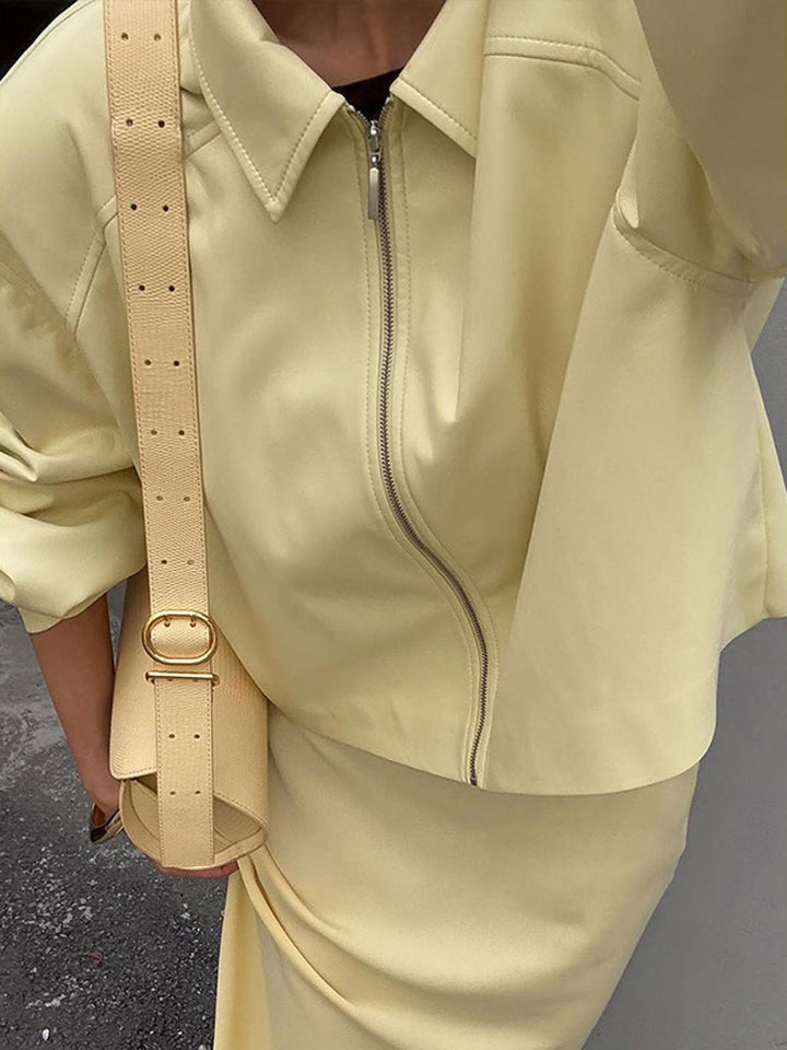 Women's Tailored Zip Blouson Set with Shirt Collar and Midi Skirt Amarae
