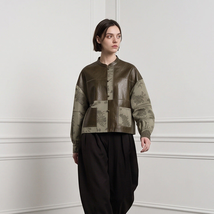 Women's short jacket in leather look and jacquard with stand-up collar Amarae