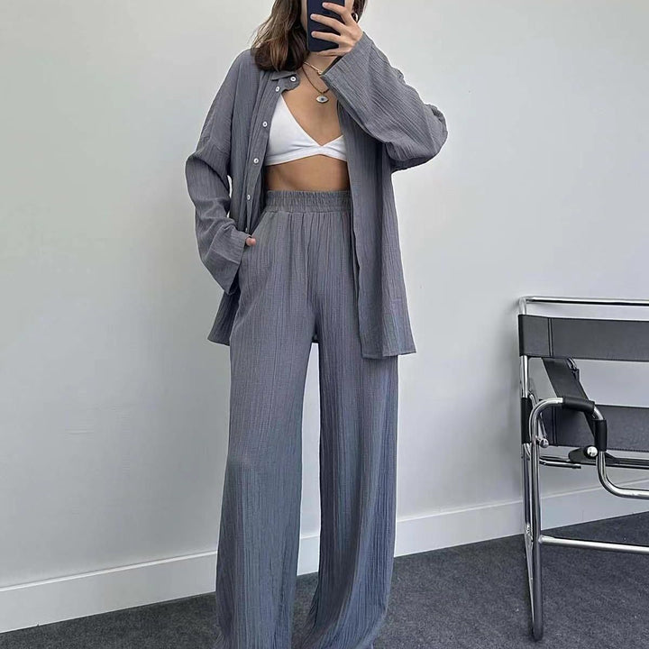 Plus size casual shirt set for women and chic wide leg pants