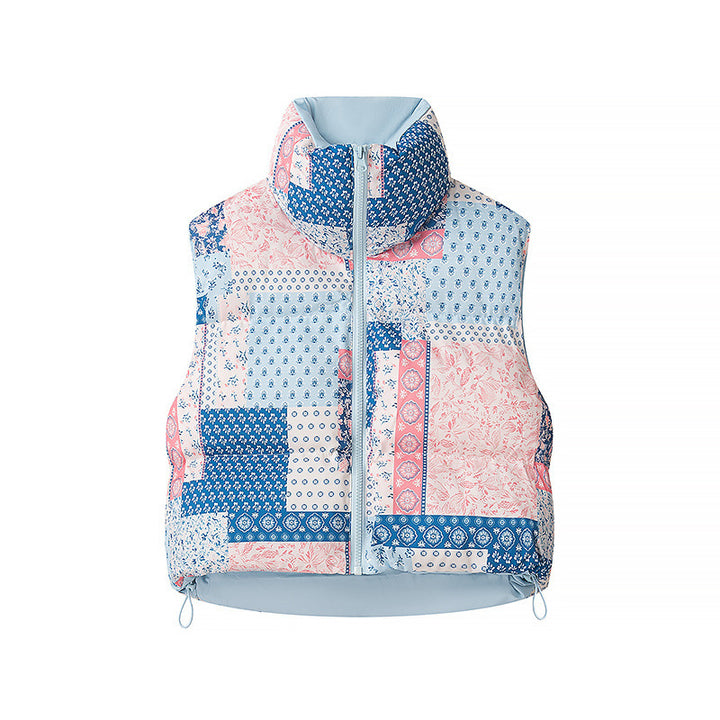 Women short cut quilted vest made of down imitation with stand-up collar, floral print and drawstring Amarae