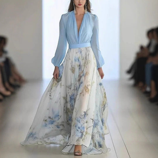 Lune London Elegant puff sleeve floral chiffon maxi dress for women