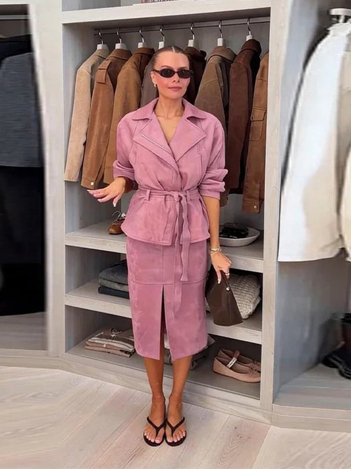 Women Two-Piece Velour Set with Fitted Wrap Blazer and Midi Skirt with Front Slit Amarae