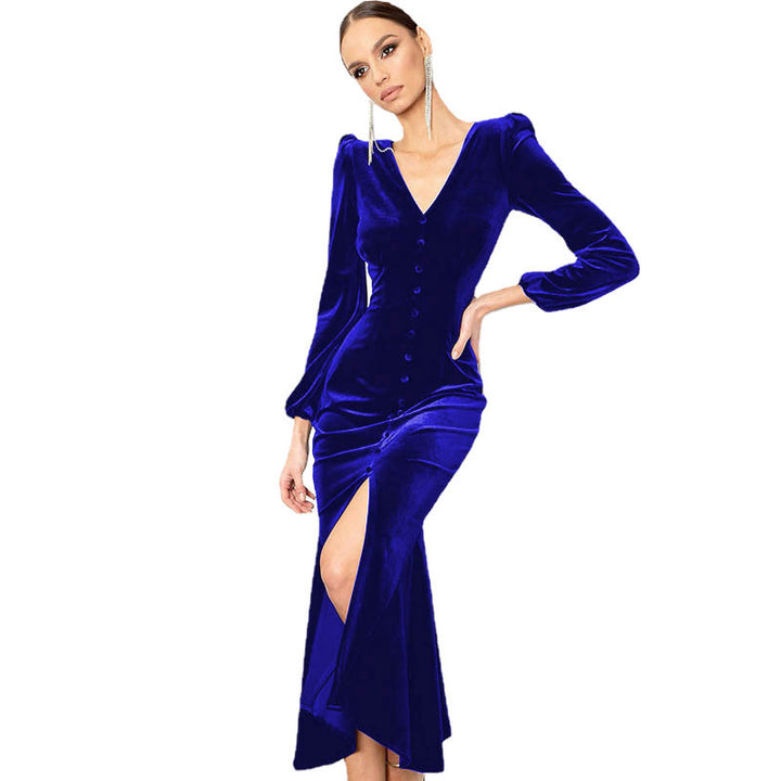 Maxi velvet dress for women with deep V-neckline and button details Lune London