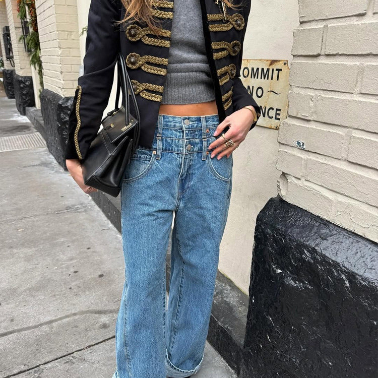 Women's short military-inspired jacket with golden decorative cord and stand-up collar Amarae