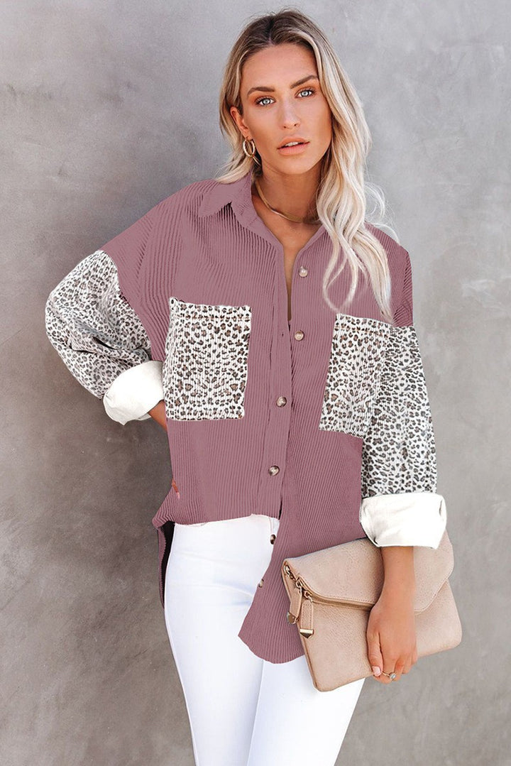 Ladies oversized shirt blouse with textured fabric and leopard print inserts Amarae
