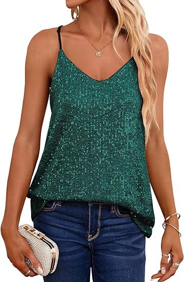 Women's Sparkling Spaghetti Strap Top with V-Neck and Shimmering Details Lune London