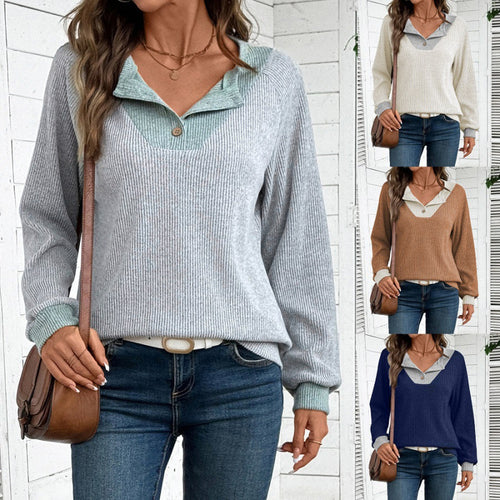 Long casual long-sleeve sweater for ladies with shirt collar and decorative cut Amarae